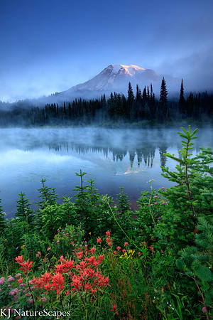 Sunrise and Fog on Reflection Lake - Mt Rainier