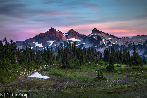 A pink sunset on the Tatoosh Range, Mt Rainier