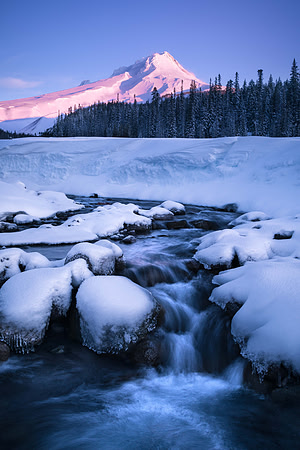 Alpenglow on Mt Hood at WhiteRiver - Portrait